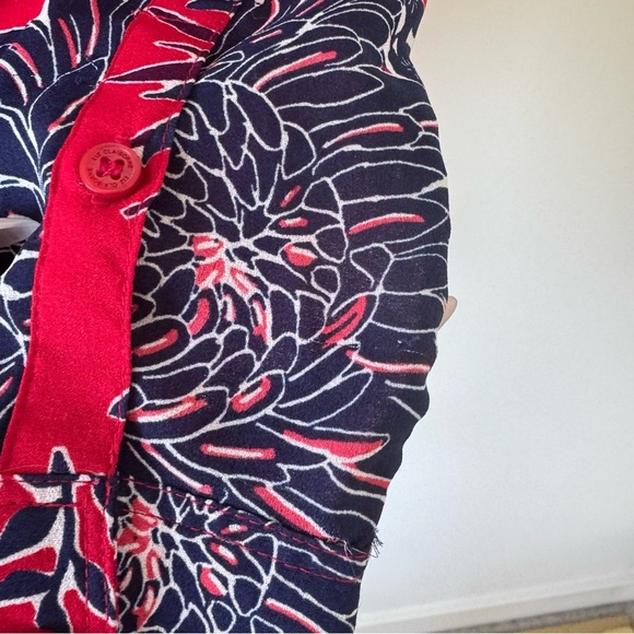 Liz Claiborne Red Navy Floral Long Sleeve Button Down Blouse - Picture 3 of 4